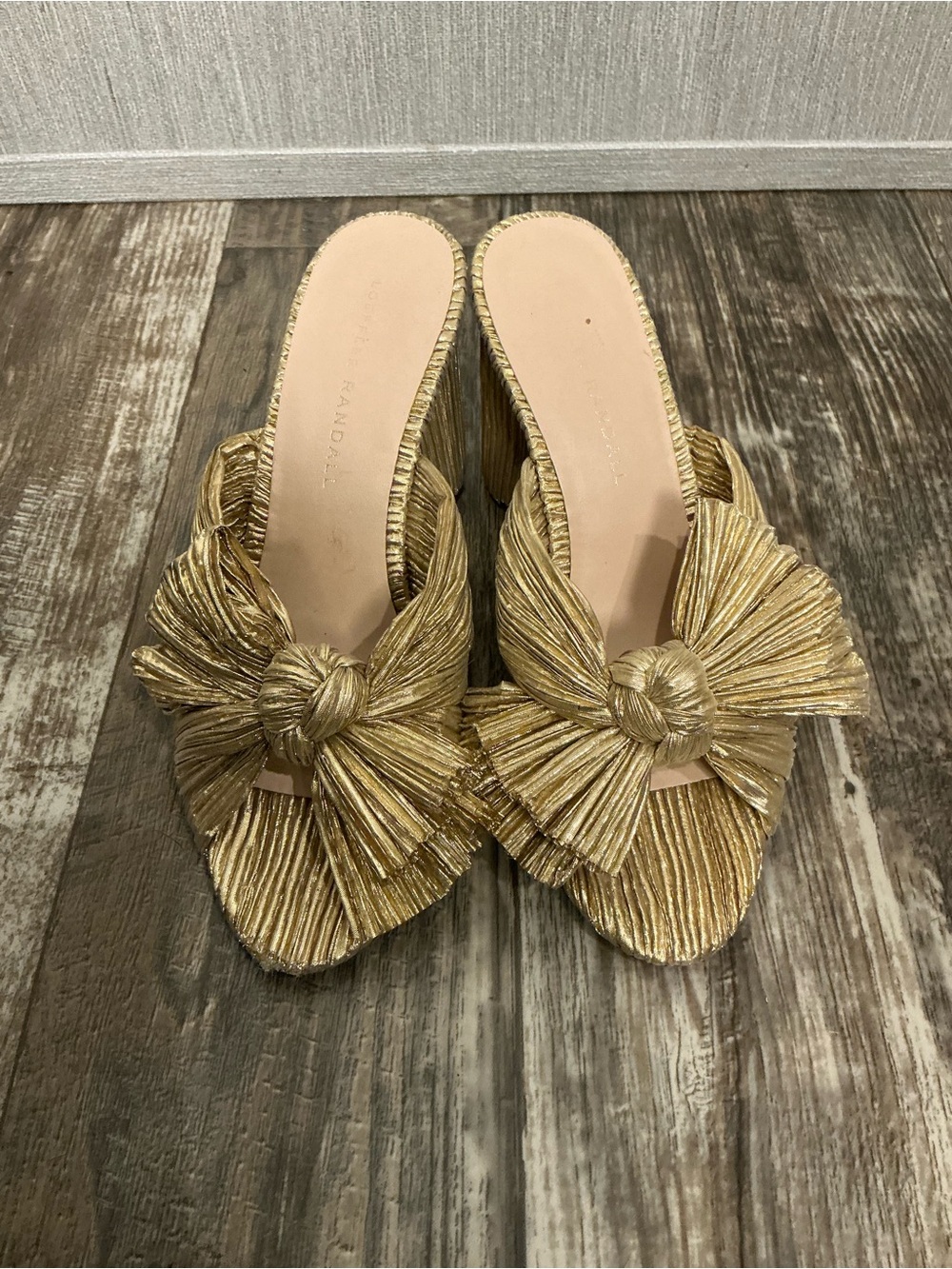 Loeffler Randall Gold Pleated Bow Block Heel Mules Size 6.5 - Picture 6 of 16